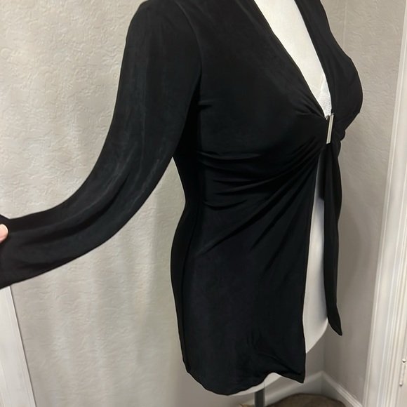 Chico's | Long Black Slinky Cardigan with Silver Clasp at Waist - Picture 3 of 16